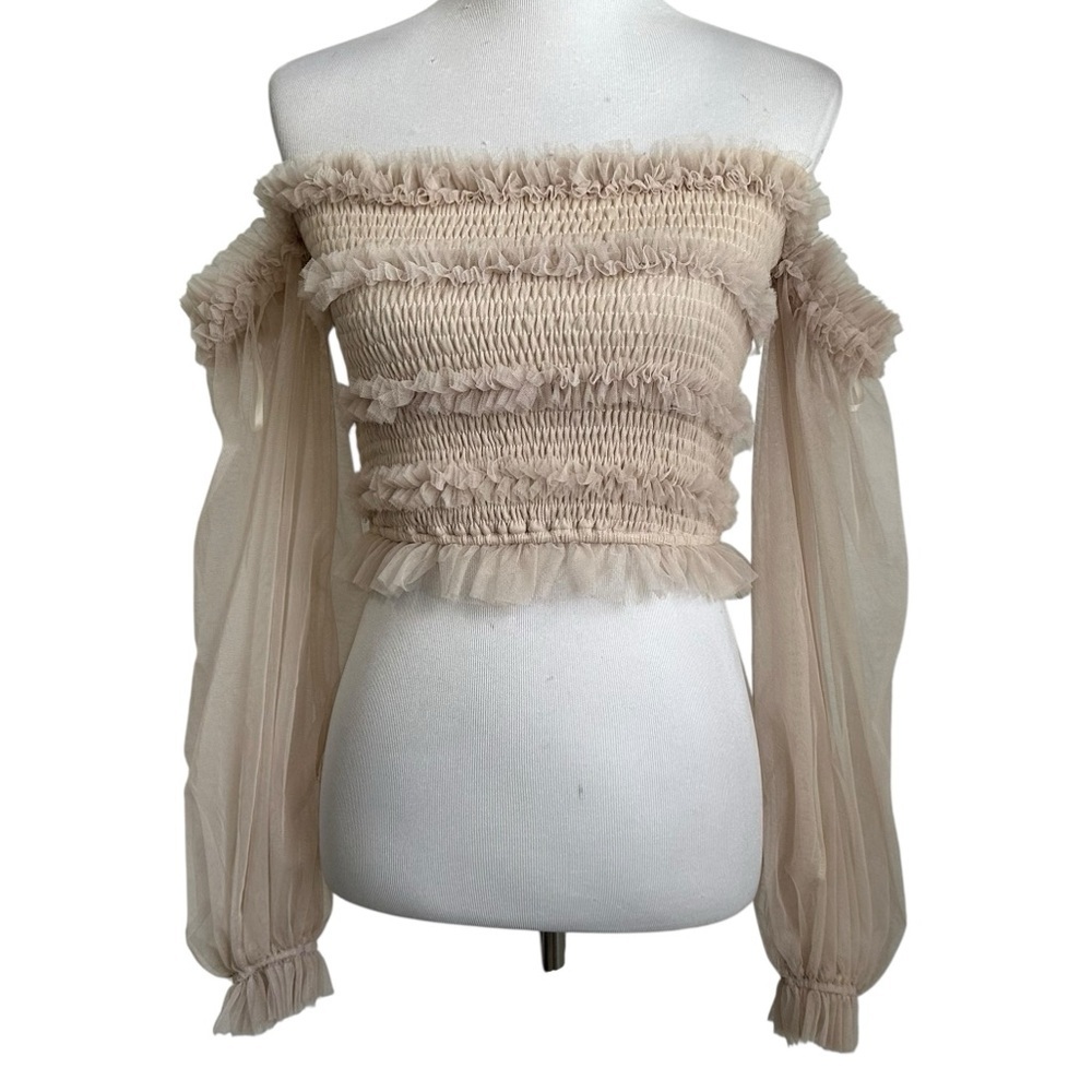 Mable Womens Sheer Puff Sleeve Off Shoulder Cropped Blouse Sz Small Beige